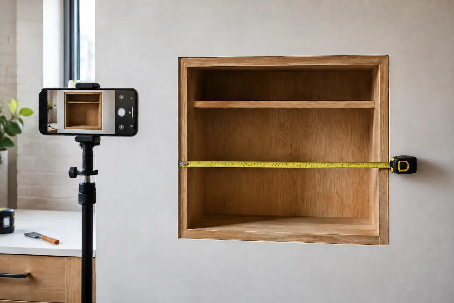 A cabinet photographed with a phone while its width is checked using a physical tape measure