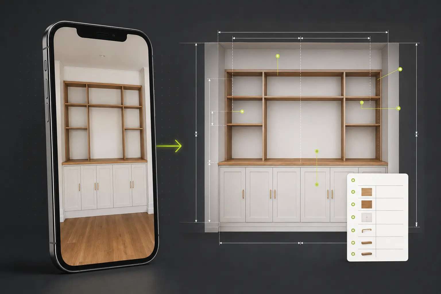 A three-dimensional phone photograph transformed into a measured fitted-furniture plan