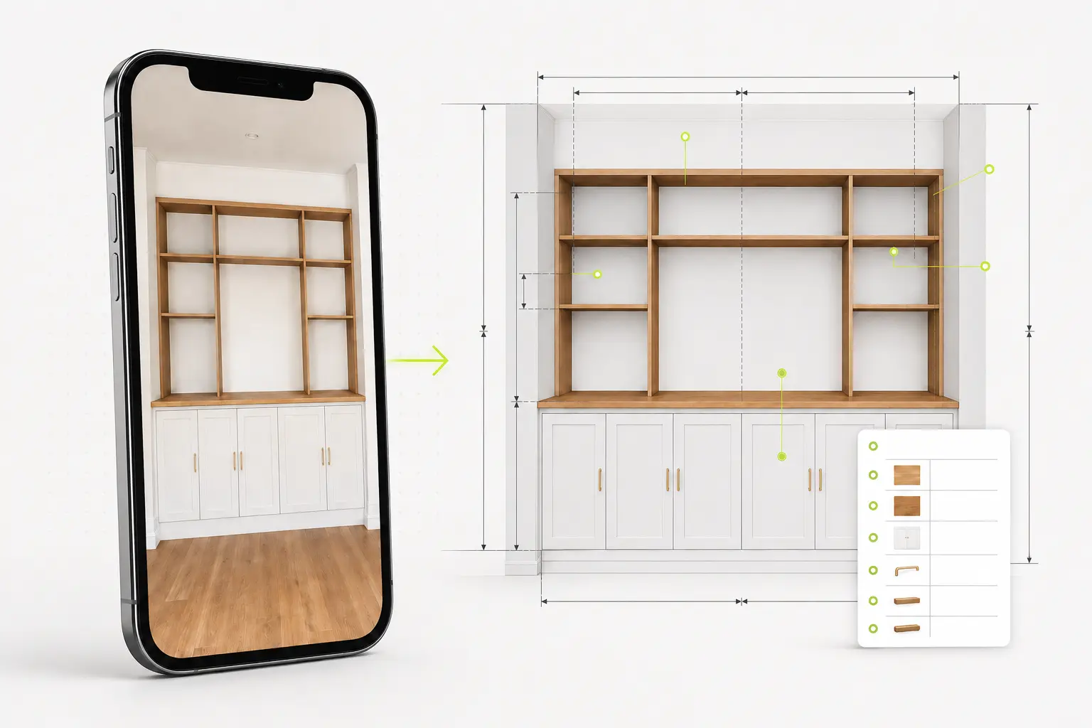 A three-dimensional phone photograph transformed into a measured fitted-furniture plan
