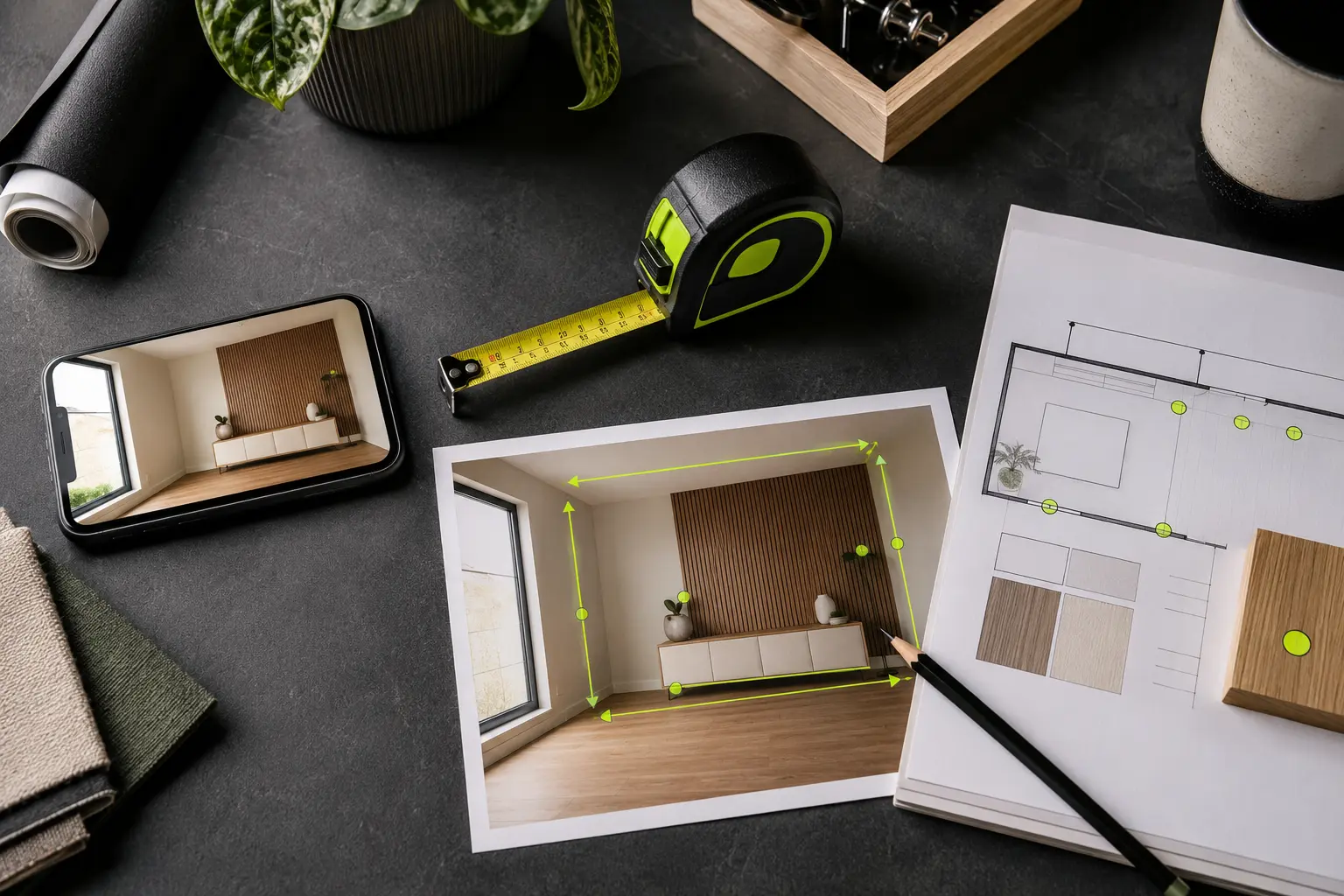 A room photograph, tape measure and completed dimension plan arranged on a practical workbench