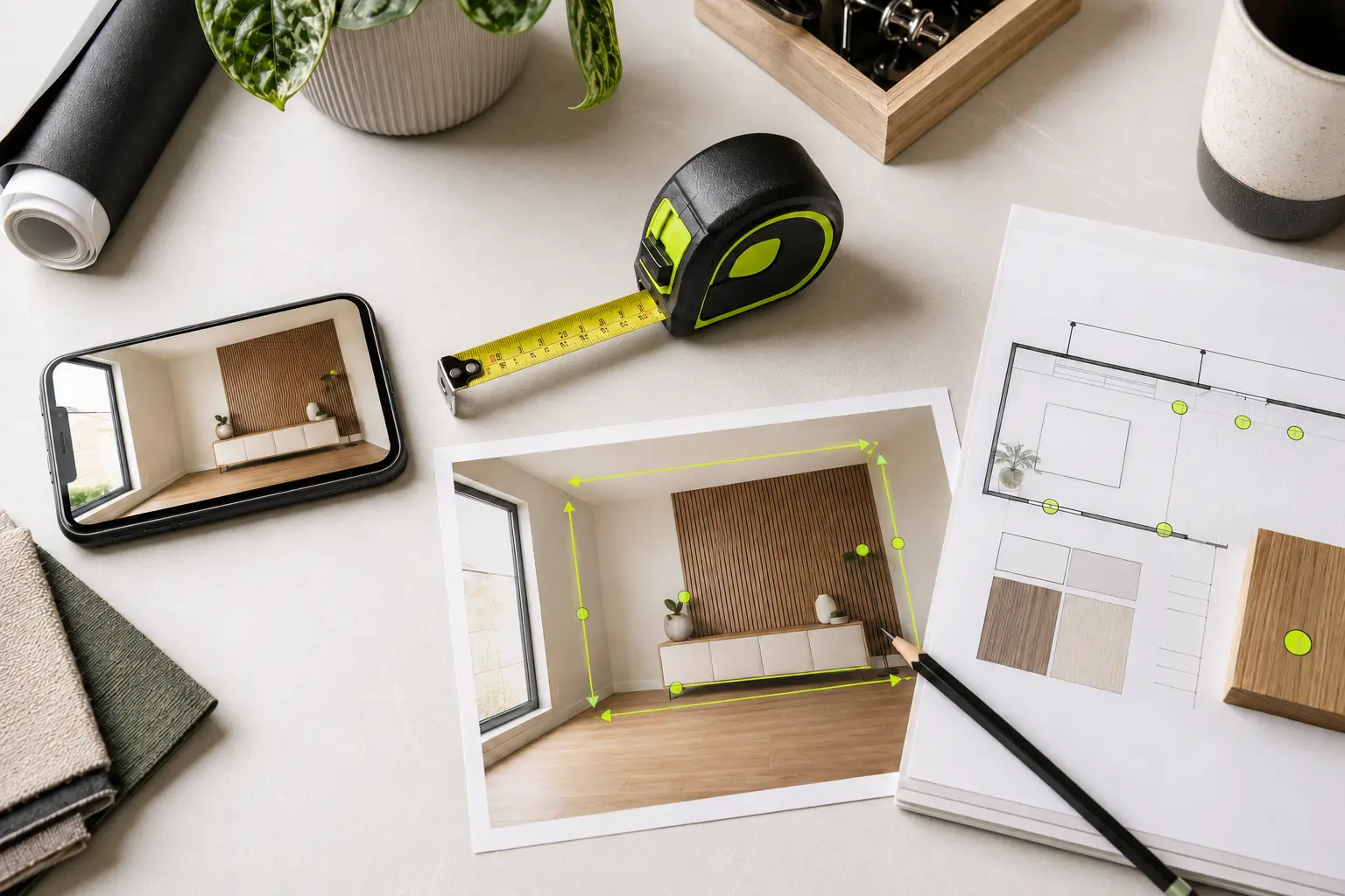 A room photograph, tape measure and completed dimension plan arranged on a practical workbench
